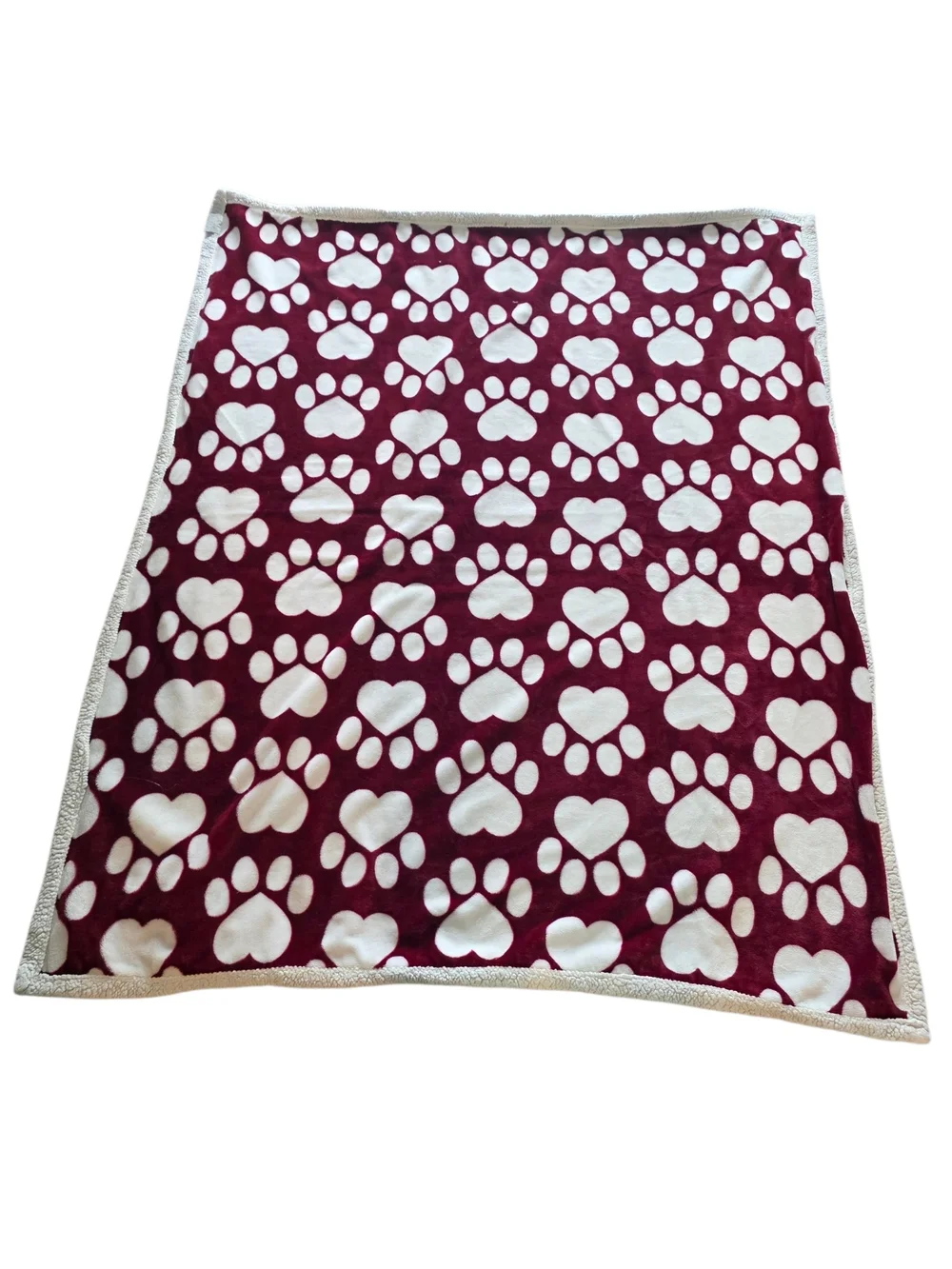 Cozy Paw-Print Sherpa Throw Blanket - Red & White